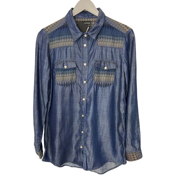 NWT The KOOPLES Denim Aztec Tencel Shirt Southwestern Pearl Snaps Medium - Picture 1 of 6